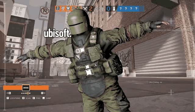 a video game screen shows a soldier with the ubisoft logo on the bottom right