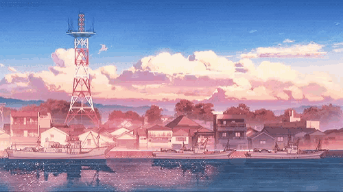 a cartoon drawing of a small town with a tower in the middle