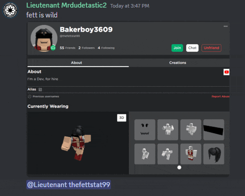 a screenshot of bakerboy3609 's account on a discord server