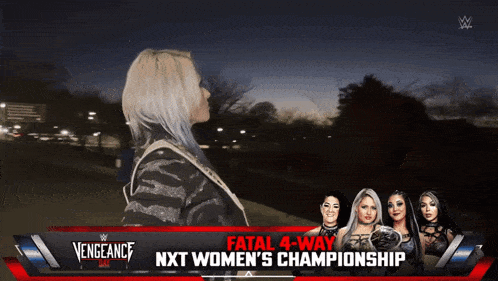a woman is standing in front of a sign that says vengeance next women 's championship