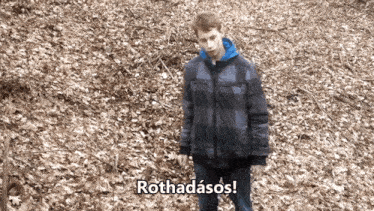 a man in a plaid jacket is standing in a pile of leaves and says " rothadsos "