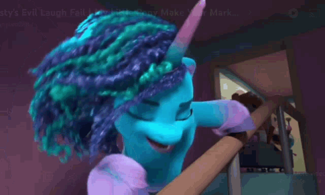 a cartoon character with blue hair and purple dreadlocks