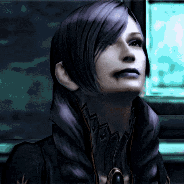 a woman with purple hair and a necklace with the letter m on it