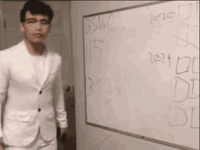 a man in a white suit is standing in front of a whiteboard that says bshc on it