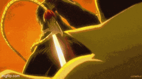 a cartoon character is holding a sword in his hand .