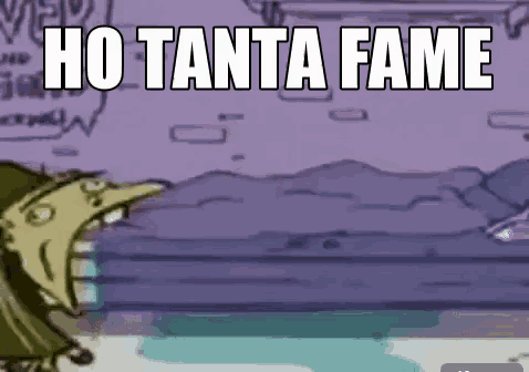 a cartoon character is screaming in front of a purple background and the words `` ho tanta fame '' .