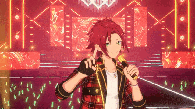 a red haired anime character is holding a microphone in front of a stage