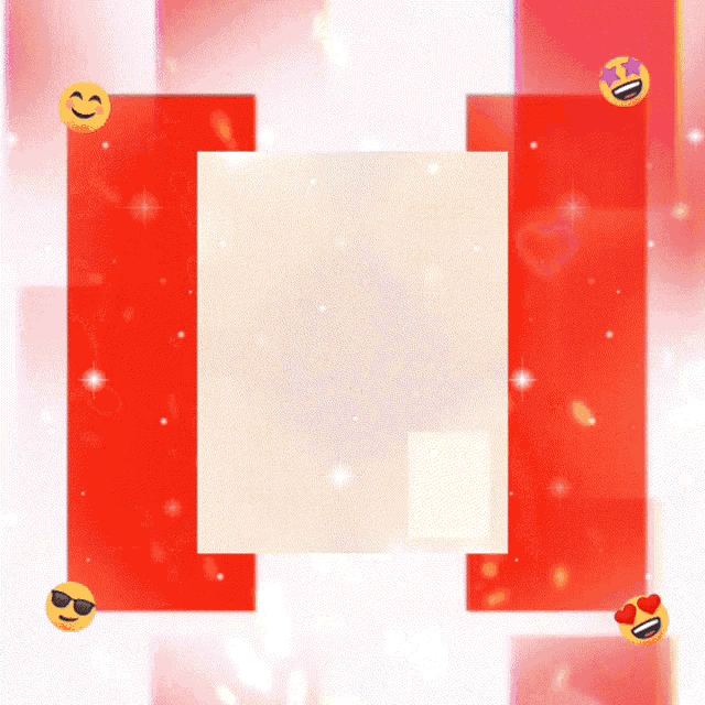 a red and white rectangle with smiley faces surrounding it
