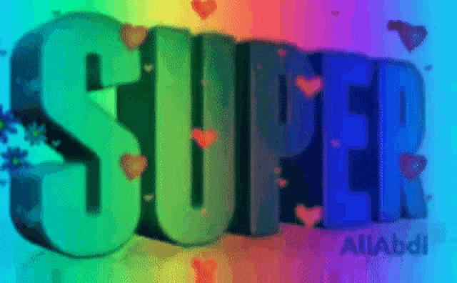 the word super is surrounded by hearts on a rainbow background .