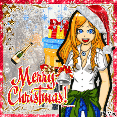 a christmas card with a girl wearing a santa hat and a bottle of champagne