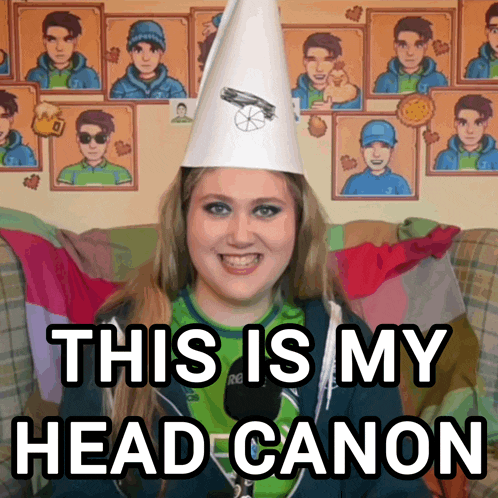 a woman wearing a white cone hat with the words this is my head canon
