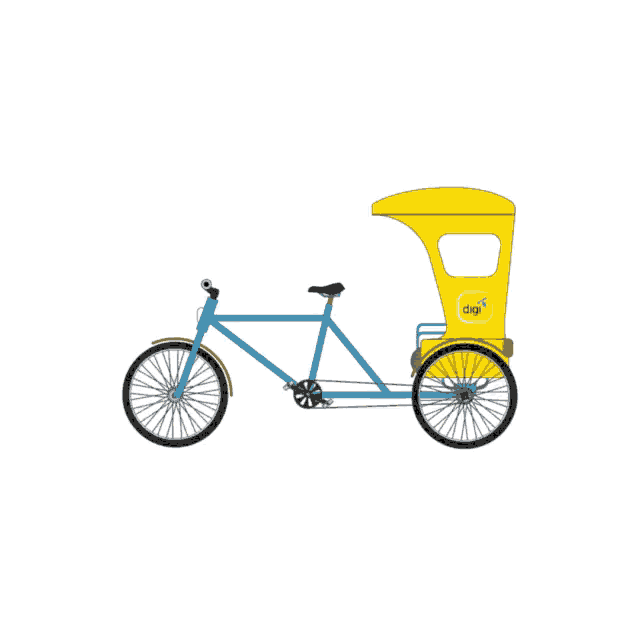 a blue bicycle with a yellow rickshaw that says dig on it