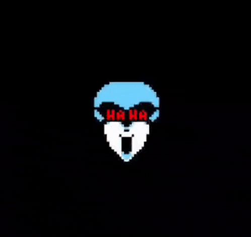 a pixel art drawing of a person wearing sunglasses and a helmet with the words `` ha ha '' written on it .