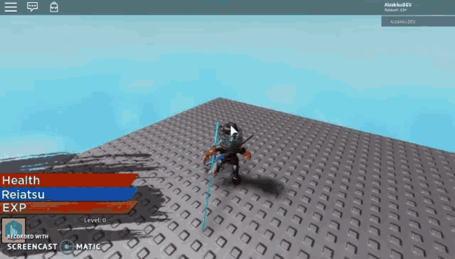 a screenshot of a roblox game shows a character with a sword and a health bar