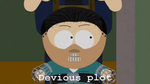 a cartoon character with the words devious plot written on it