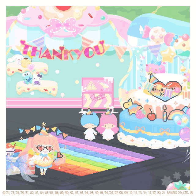 a thank you banner hangs from the ceiling above a cake