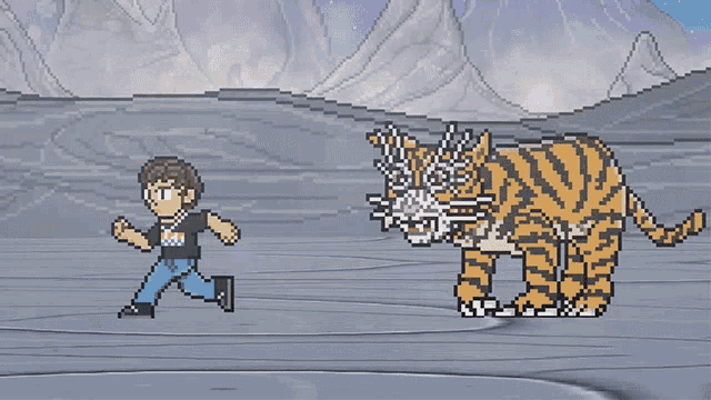a pixel art illustration of a man running from a tiger