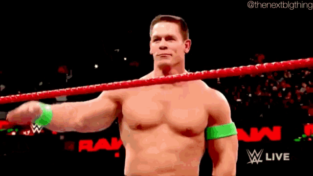 a shirtless wrestler is standing in a wrestling ring and saluting .
