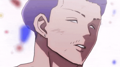 a close up of a man 's face with a purple haircut