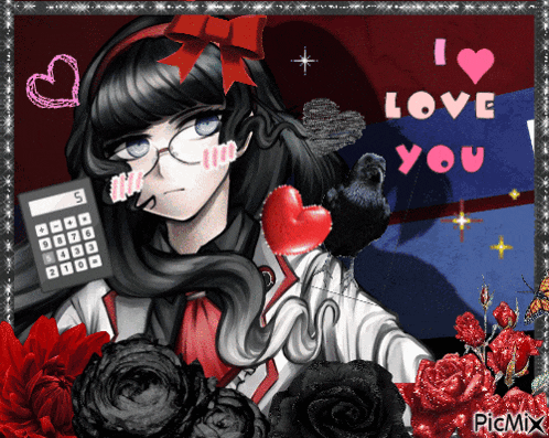 a picture of a girl holding a calculator with the words " i love you " above her