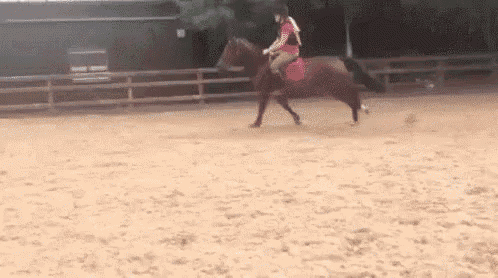 a woman is riding a brown horse in a dirt field .
