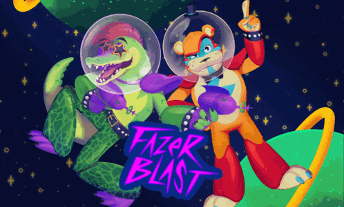 a cartoon of a crocodile and a teddy bear with a fazer blast logo