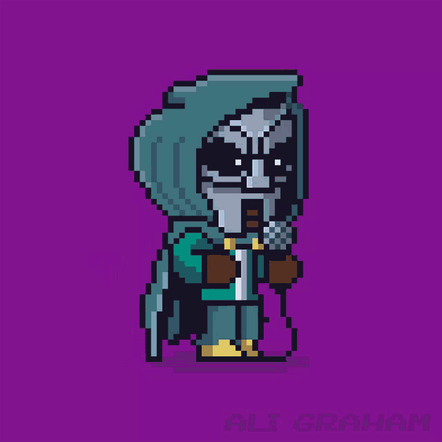a pixel art drawing of a superhero with the name ali graham below him