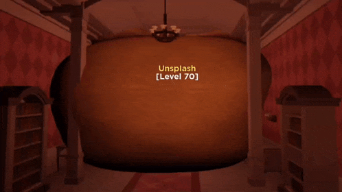 a cartoon character hanging from the ceiling with the words unsplash [ level 70 ] above it