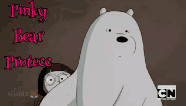 a cartoon of a girl standing next to a polar bear with the words pinky bear protecc on the bottom