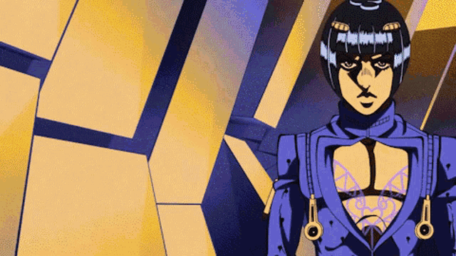 a cartoon character with a purple jacket and a yellow and purple background