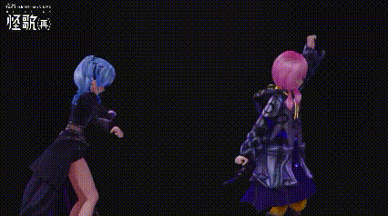 two anime girls are dancing in front of a black background with chinese writing on it