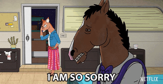 a cartoon horse says i am so sorry in front of a fox