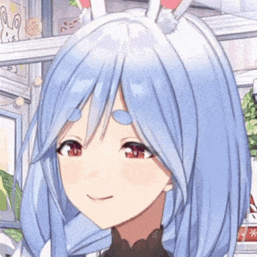 a close up of a anime girl with blue hair and bunny ears .