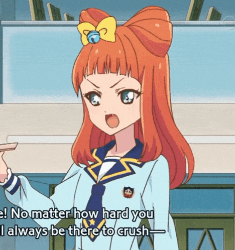a girl with red hair and a yellow bow on her head says no matter how hard you always be there to crush