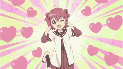 a girl in a school uniform is surrounded by pink hearts and making a face .