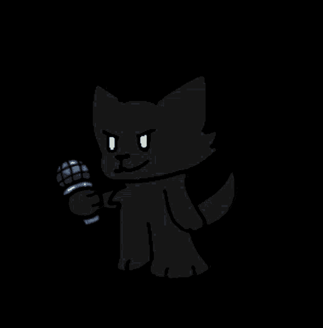 a black cat is holding a microphone in its paws in a dark room .