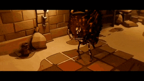 a cartoon drawing of a skeleton in a room