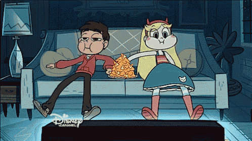 a couple of cartoon characters sitting on a couch with a disney channel logo