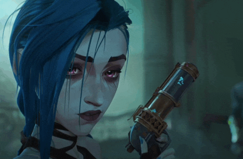 a woman with blue hair and red eyes holding a gun