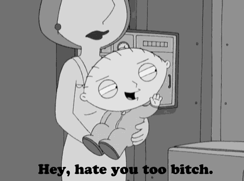 a cartoon of a woman holding a baby with the words " hey hate you too bitch " on the bottom
