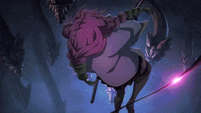 a couple of anime characters are fighting each other in a dark room with a sword .