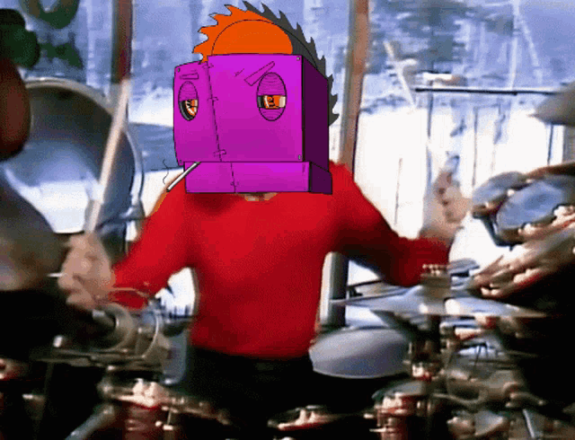 a cartoon of a man playing drums with a purple box on his head that says ' i ' on it
