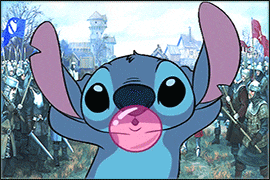a picture of stitch blowing a pink bubble