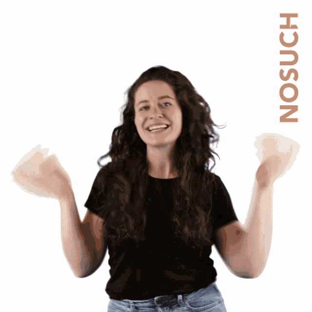 a woman wearing a black shirt is smiling with the word no such behind her