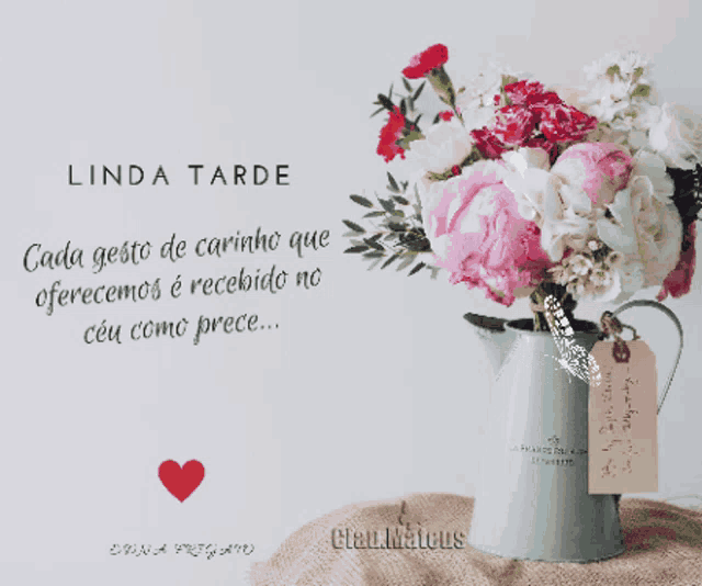a bouquet of flowers in a vase with the words linda tarde written above it