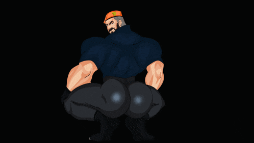 a cartoon drawing of a man with a large butt and two red hearts behind him