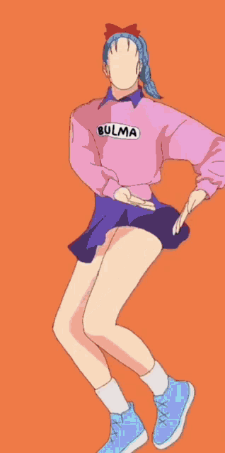 a girl with blue hair is wearing a pink shirt that says bulma on it