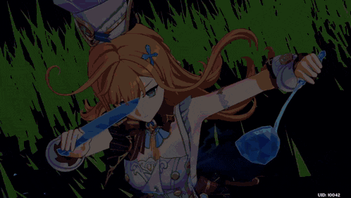 a girl with long hair is holding a sword in her hand
