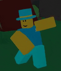a roblox character wearing a blue hat and blue pants is standing in a field .