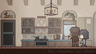 pixel art of a kitchen with the words alej remember last summer